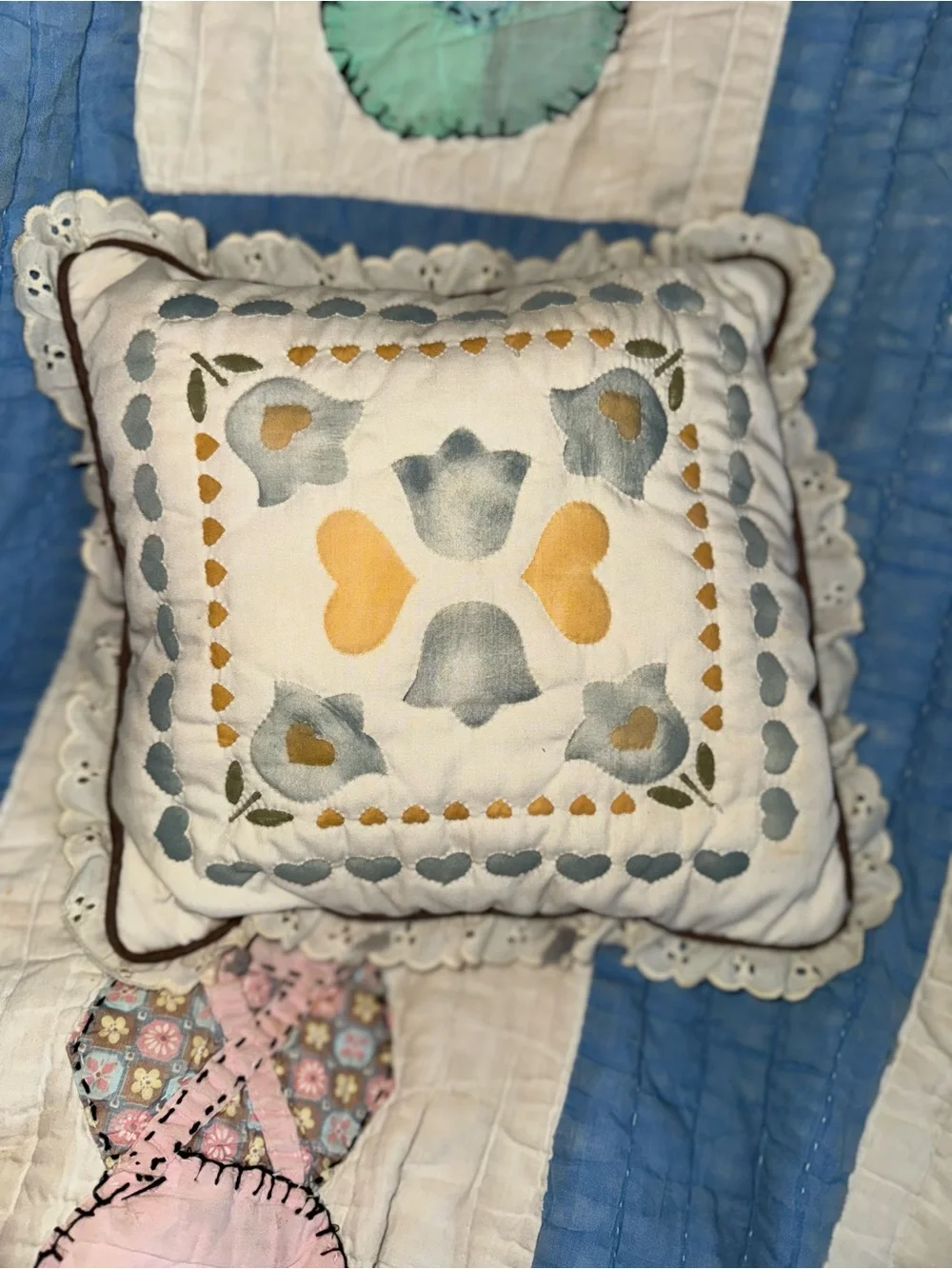 Vintage painted and quilted cottagecore throw pillow